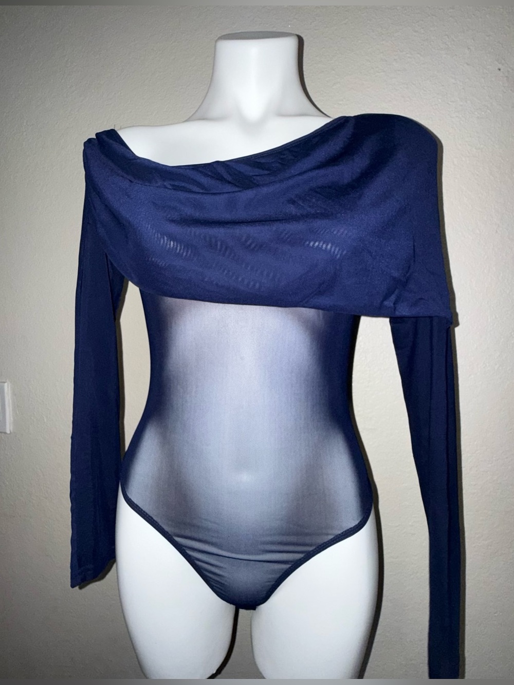 Fashion Nova Navy Off-Shoulder Sheer Long Sleeve Bodysuit